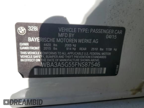 ✅ 2015 BMW 3 Series 328i • VIN: WBA3A5G55FNS87546 • Lot: 81317985. Listed on Copart with Not provided. Free auction sales archive from the USA and detailed vehicle history report at DreamBid. Image 12.