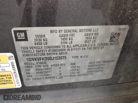 ✅ 2013 Chevrolet Traverse LS • VIN: 1GNKVFKD9DJ153979 • Lot: 42911793. Listed on IAAI with 192,532 mi. Free auction sales archive from the USA and detailed vehicle history report at DreamBid. Image 9.