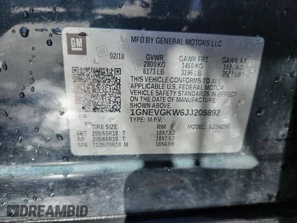 2018 Chevrolet Traverse LT Cloth with VIN 1GNEVGKW6JJ205892, listed as a Copart auction lot 86280475 with 99,765 mi miles and Salvage title. Bid and sale history available at DreamBid. Image 14.