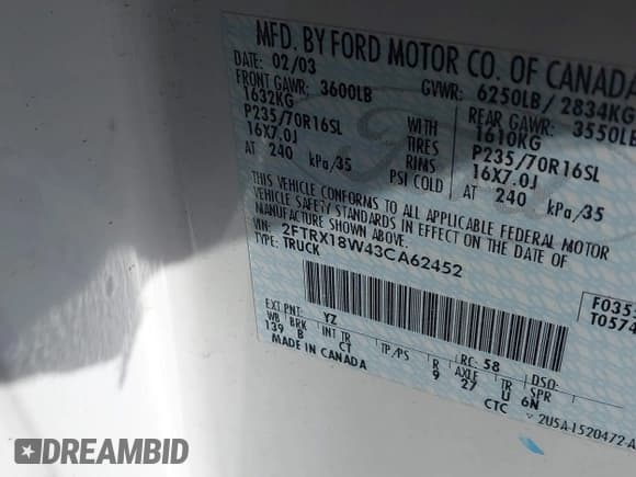 ✅ 2003 Ford F-150 XL • VIN: 2FTRX18W43CA62452 • Lot: 41497879. Listed on IAAI with 125,828 mi. Free auction sales archive from the USA and detailed vehicle history report at DreamBid. Image 9.