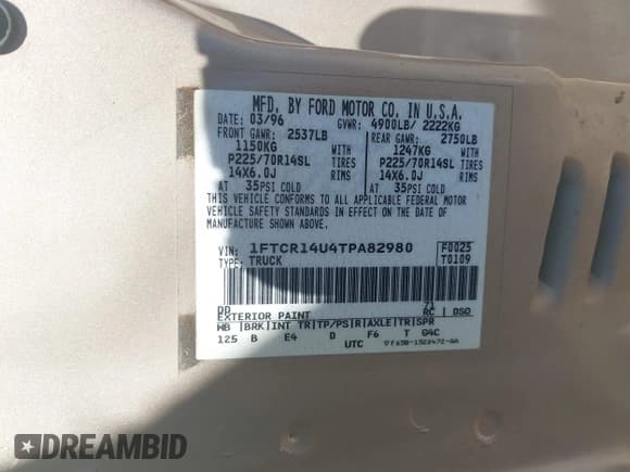 ✅ 1996 Ford Ranger XL • VIN: 1FTCR14U4TPA82980 • Lot: 43303810. Listed on IAAI with Not provided. Free auction sales archive from the USA and detailed vehicle history report at DreamBid. Image 9.