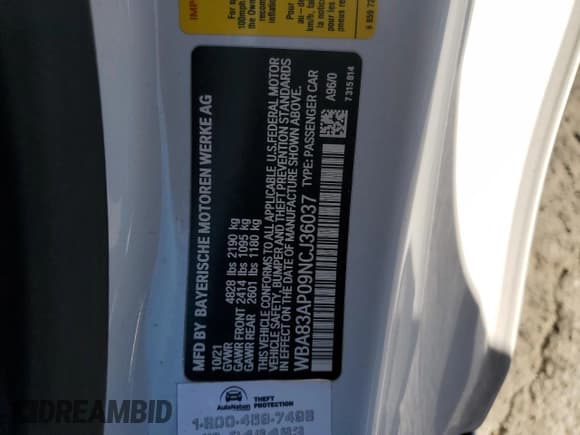 ✅ 2022 BMW 4 Series M440i • VIN: WBA83AP09NCJ36037 • Lot: 87230725. Listed on Copart with 43,781 mi. Free auction sales archive from the USA and detailed vehicle history report at DreamBid. Image 12.