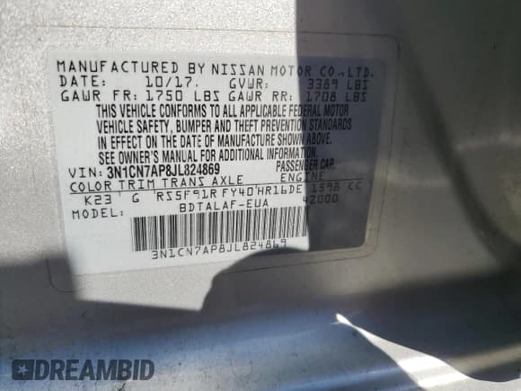 ✅ 2018 Nissan Versa S • VIN: 3N1CN7AP8JL824869 • Lot: 55851025. Wystawiony na Copart z przebiegiem 93 585 mil. Bezpłatny archiwum sprzedaży aukcyjnych z USA i szczegółowy raport historii pojazdu na DreamBid. Zdjęcie 13.