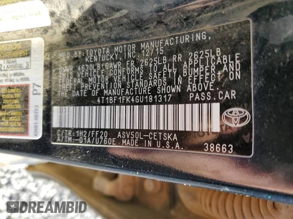 2016 Toyota Camry XLE z VIN 4T1BF1FK4GU181317, wystawiony jako Copart lot #64354685 z przebiegiem 222 909 mil mil oraz Szkoda całkowita • Salvage title. Historia ofert i sprzedaży dostępna na DreamBid. Obrazek 12.