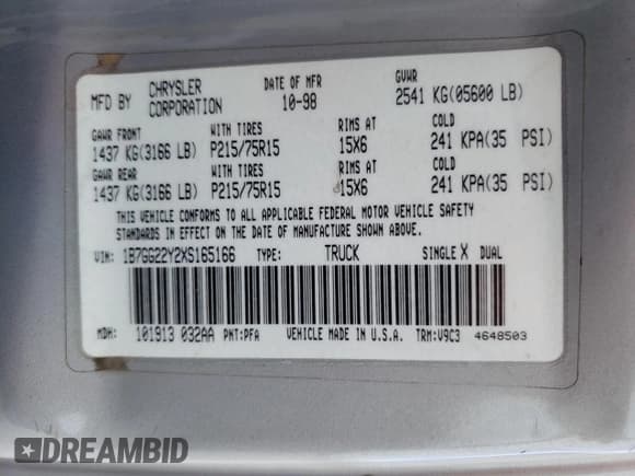 ✅ 1999 Dodge Dakota SLT • VIN: 1B7GG22Y2XS165166 • Lot: 47440435. Wystawiony na Copart z przebiegiem 167 345 mil. Bezpłatny archiwum sprzedaży aukcyjnych z USA i szczegółowy raport historii pojazdu na DreamBid. Zdjęcie 14.