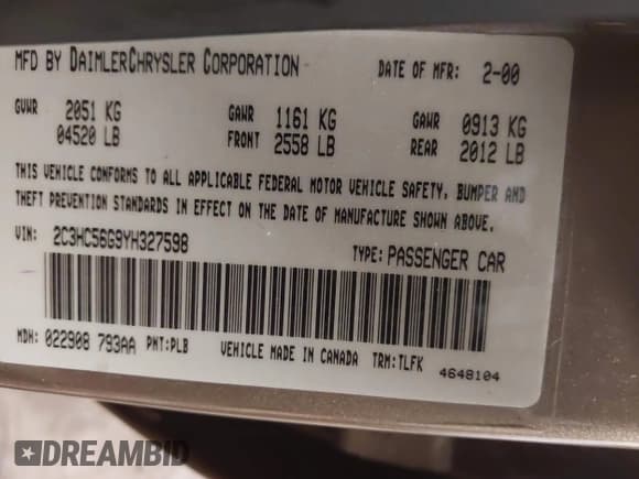 ✅ 2000 Chrysler LHS • VIN: 2C3HC56G9YH327598 • Lot: 42721520. Listed on IAAI with 141,235 mi. Free auction sales archive from the USA and detailed vehicle history report at DreamBid. Image 9.