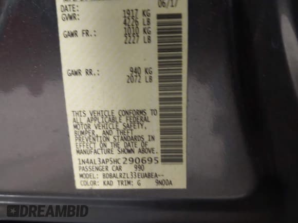 ✅ 2017 Nissan Altima SL • VIN: 1N4AL3AP5HC290695 • Lot: 43768710. Listed on IAAI with 191,012 mi. Free auction sales archive from the USA and detailed vehicle history report at DreamBid. Image 9.