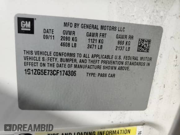 2012 Chevrolet Malibu LTZ with VIN 1G1ZG5E73CF174306, listed as a Copart auction lot 85735335 with 89,417 mi miles and Clean title. Bid and sale history available at DreamBid. Image 12.