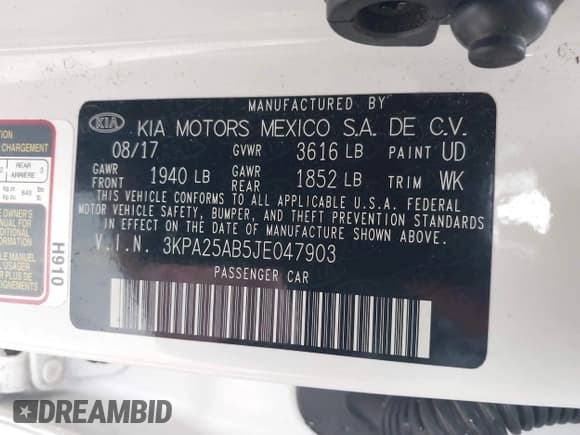 ✅ 2018 Kia Rio LX • VIN: 3KPA25AB5JE047903 • Lot: 41102000. Listed on IAAI with 127,963 mi. Free auction sales archive from the USA and detailed vehicle history report at DreamBid. Image 9.