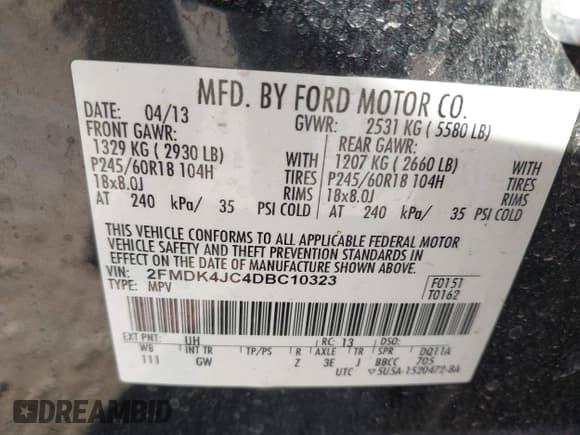 ✅ 2013 Ford Edge SEL • VIN: 2FMDK4JC4DBC10323 • Лот: 43570284. Опубликован ранее на IAAI с пробегом 150 903 миль. Бесплатный доступ к архиву аукционных продаж из США и подробный отчёт об истории автомобиля на DreamBid. Изображение 9.