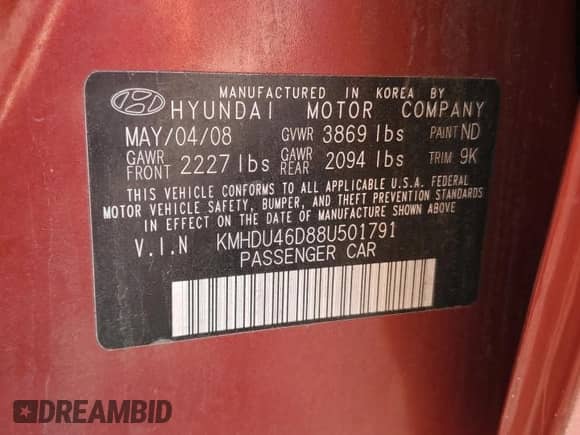 2008 Hyundai Elantra GLS z VIN KMHDU46D88U501791, wystawiony jako Copart lot #85489055 z przebiegiem 232 185 mil mil oraz Szkoda całkowita • Salvage title. Historia ofert i sprzedaży dostępna na DreamBid. Obrazek 12.