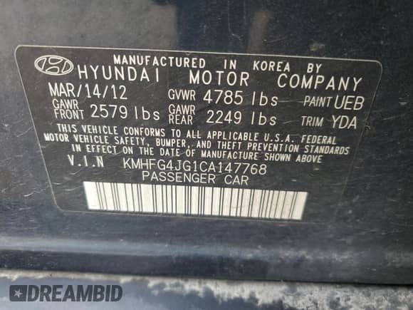 2012 Hyundai Azera with VIN KMHFG4JG1CA147768, listed as a Copart auction lot 79622204 with 235,684 mi miles and Salvage title. Bid and sale history available at DreamBid. Image 12.