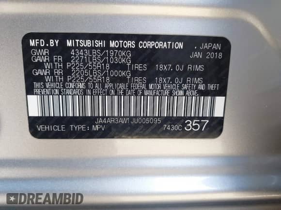 2018 Mitsubishi Outlander SE с VIN JA4AR3AW1JU005095, выставлен на аукционе IAAI как лот 41834921 с пробегом 127 137 миль миль и . История ставок и продаж доступна на DreamBid. Изображение 9.