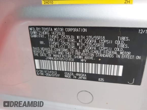 ✅ 2011 Toyota RAV4 Sport • VIN: JTMRK4DV1B5101858 • Lot: 42124449. Listed on IAAI with 168,758 mi. Free auction sales archive from the USA and detailed vehicle history report at DreamBid. Image 9.