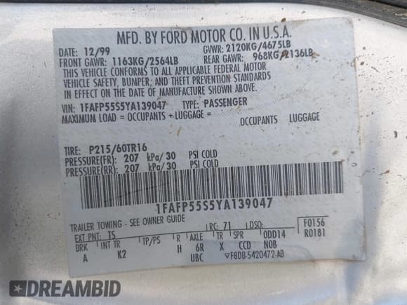 ✅ 2000 Ford Taurus SES • VIN: 1FAFP55S5YA139047 • Lot: 43899558. Wystawiony na IAAI z przebiegiem 125 218 mil. Bezpłatny archiwum sprzedaży aukcyjnych z USA i szczegółowy raport historii pojazdu na DreamBid. Zdjęcie 9.