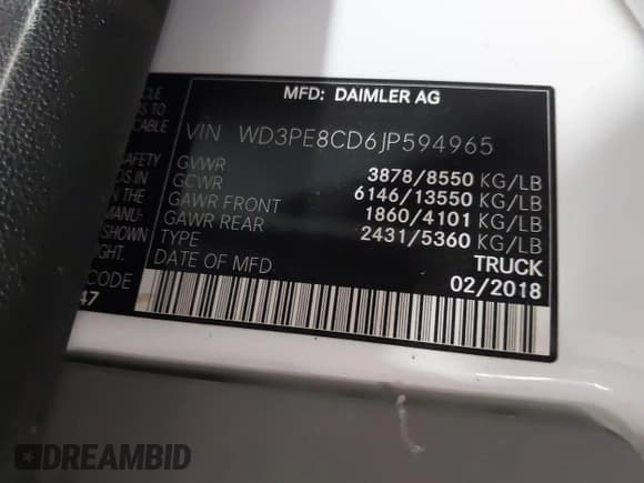 ✅ 2018 Mercedes-Benz Sprinter Cargo Worker • VIN: WD3PE8CD6JP594965 • Lot: 42337246. Listed on IAAI with 289,658 mi. Free auction sales archive from the USA and detailed vehicle history report at DreamBid. Image 9.