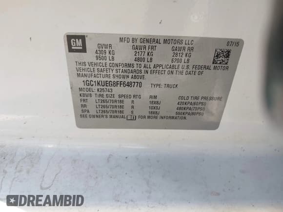 ✅ 2015 Chevrolet Silverado 2500HD Work Truck • VIN: 1GC1KUEG8FF648770 • Lot: 41697062. Listed on IAAI with Not provided. Free auction sales archive from the USA and detailed vehicle history report at DreamBid. Image 9.