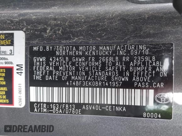 ✅ 2011 Toyota Camry LE • VIN: 4T4BF3EK0BR141957 • Lot: 43698702. Wystawiony na IAAI z przebiegiem 122 158 mil. Bezpłatny archiwum sprzedaży aukcyjnych z USA i szczegółowy raport historii pojazdu na DreamBid. Zdjęcie 9.