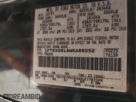 ✅ 1998 Ford F-150 XL • VIN: 1FTRX08L6WKA88552 • Lot: 41549860. Listed on IAAI with 141,247 mi. Free auction sales archive from the USA and detailed vehicle history report at DreamBid. Image 9.