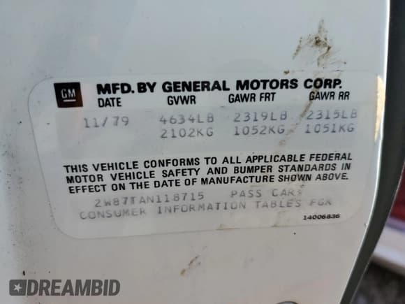 ✅ 1980 Pontiac Trans Am • VIN: 2W87TAN118715 • Lot: 59097815. Wystawiony na Copart z przebiegiem 72 275 mil. Bezpłatny archiwum sprzedaży aukcyjnych z USA i szczegółowy raport historii pojazdu na DreamBid. Zdjęcie 12.