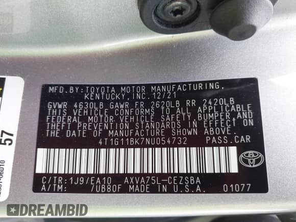 2022 Toyota Camry SE with VIN 4T1G11BK7NU054732, listed as a IAAI auction lot 42419158 with 46,356 mi miles and . Bid and sale history available at DreamBid. Image 9.