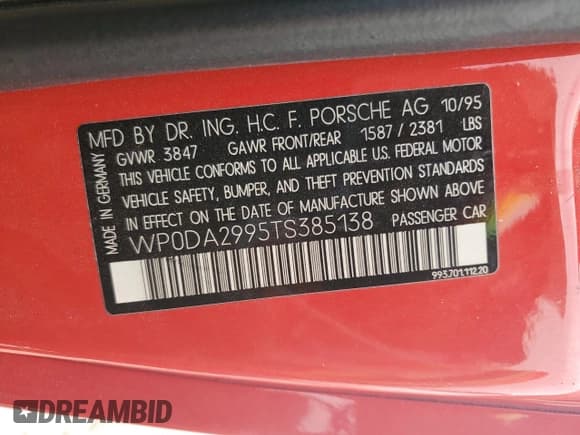 ✅ 1996 Porsche 911 • VIN: WP0DA2995TS385138 • Lot: 79386584. Wystawiony na Copart z przebiegiem 19 834 mil. Bezpłatny archiwum sprzedaży aukcyjnych z USA i szczegółowy raport historii pojazdu na DreamBid. Zdjęcie 13.