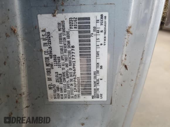 ✅ 1993 Ford Thunderbird • VIN: 1FAPP6246PH177778 • Лот: 58621555. Опубликован ранее на Copart с пробегом 158 675 миль. Бесплатный доступ к архиву аукционных продаж из США и подробный отчёт об истории автомобиля на DreamBid. Изображение 12.