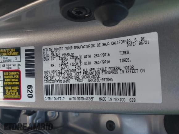 ✅ 2021 Toyota Tacoma SR5 • VIN: 3TMDZ5BN9MM116152 • Lot: 42725554. Listed on IAAI with 39,628 mi. Free auction sales archive from the USA and detailed vehicle history report at DreamBid. Image 9.