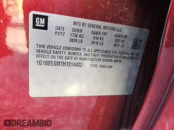 ✅ 2017 Chevrolet Cruze LT • VIN: 1G1BE5SM7H7214423 • Лот: 84223195. Опубликован ранее на Copart с пробегом 76 792 миль. Бесплатный доступ к архиву аукционных продаж из США и подробный отчёт об истории автомобиля на DreamBid. Изображение 12.