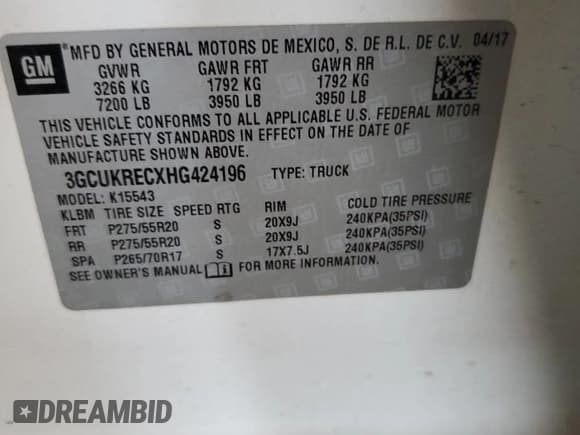 ✅ 2017 Chevrolet Silverado 1500 LT • VIN: 3GCUKRECXHG424196 • Лот: 65487764. Опубликован ранее на Copart с пробегом Не указан. Бесплатный доступ к архиву аукционных продаж из США и подробный отчёт об истории автомобиля на DreamBid. Изображение 14.