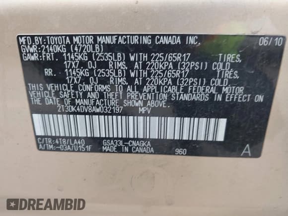 ✅ 2010 Toyota RAV4 Limited • VIN: 2T3DK4DV8AW032197 • Lot: 41489226. Listed on IAAI with 93,490 mi. Free auction sales archive from the USA and detailed vehicle history report at DreamBid. Image 9.