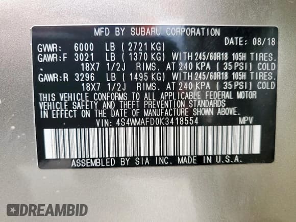 ✅ 2019 Subaru Ascent Premium • VIN: 4S4WMAFD0K3418554 • Lot: 67152195. Listed on Copart with 129,352 mi. Free auction sales archive from the USA and detailed vehicle history report at DreamBid. Image 13.