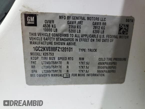 ✅ 2015 Chevrolet Silverado 2500HD LT • VIN: 1GC2KVE88FZ120101 • Lot: 59372875. Listed on Copart with Not provided. Free auction sales archive from the USA and detailed vehicle history report at DreamBid. Image 13.