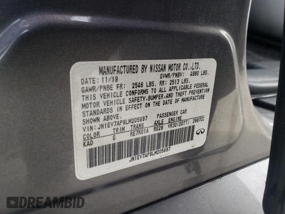 ✅ 2020 Infiniti Q50 Luxe • VIN: JN1EV7AP9LM205697 • Lot: 89798495. Wystawiony na Copart z przebiegiem 98 872 mil. Bezpłatny archiwum sprzedaży aukcyjnych z USA i szczegółowy raport historii pojazdu na DreamBid. Zdjęcie 12.