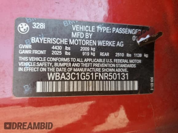 ✅ 2015 BMW 3 Series 328i • VIN: WBA3C1G51FNR50131 • Lot: 88363145. Listed on Copart with 86,214 mi. Free auction sales archive from the USA and detailed vehicle history report at DreamBid. Image 12.