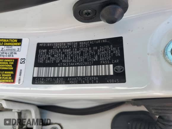 2021 Toyota Camry Hybrid XSE z VIN 4T1K31AK4MU028027, wystawiony jako Copart lot #69702145 z przebiegiem 84 116 mil mil oraz Szkoda całkowita • Salvage title. Historia ofert i sprzedaży dostępna na DreamBid. Obrazek 12.