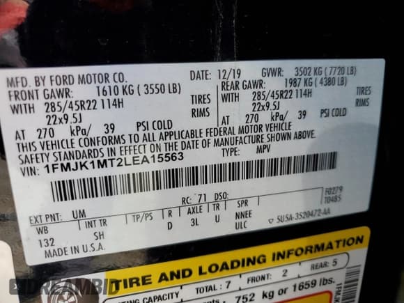 ✅ 2020 Ford Expedition Max Platinum • VIN: 1FMJK1MT2LEA15563 • Lot: 57692495. Wystawiony na Copart z przebiegiem 72 035 mil. Bezpłatny archiwum sprzedaży aukcyjnych z USA i szczegółowy raport historii pojazdu na DreamBid. Zdjęcie 13.