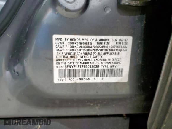 ✅ 2007 Honda Pilot EX-L • VIN: 5FNYF18727B012638 • Лот: 93370685. Опубликован ранее на Copart с пробегом 257 645 миль. Бесплатный доступ к архиву аукционных продаж из США и подробный отчёт об истории автомобиля на DreamBid. Изображение 12.