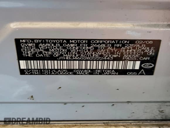 ✅ 2008 Lexus ES 330 • VIN: JTHBJ46G282222443 • Lot: 94194435. Listed on Copart with 172,499 mi. Free auction sales archive from the USA and detailed vehicle history report at DreamBid. Image 12.