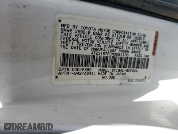 ✅ 1991 Toyota Celica • VIN: JT2ST87F0M0081136 • Lot: 71847304. Wystawiony na Copart z przebiegiem 157 121 mil. Bezpłatny archiwum sprzedaży aukcyjnych z USA i szczegółowy raport historii pojazdu na DreamBid. Zdjęcie 12.