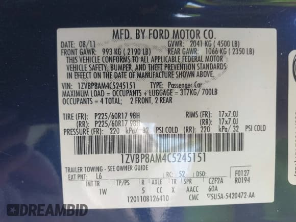 ✅ 2012 Ford Mustang Premium • VIN: 1ZVBP8AM4C5245151 • Lot: 43204436. Listed on IAAI with 175,130 mi. Free auction sales archive from the USA and detailed vehicle history report at DreamBid. Image 9.