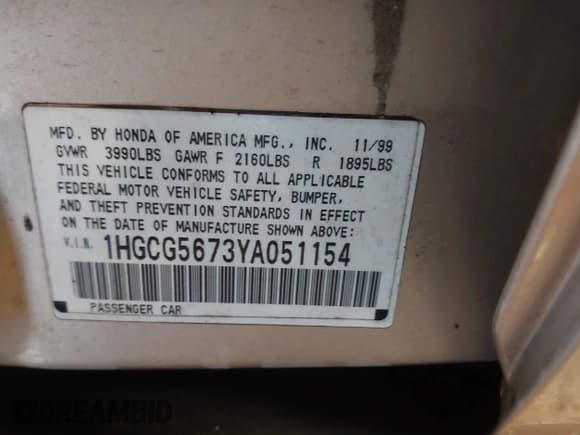 ✅ 2000 Honda Accord SE • VIN: 1HGCG5673YA051154 • Lot: 41382000. Listed on IAAI with 272,554 mi. Free auction sales archive from the USA and detailed vehicle history report at DreamBid. Image 9.