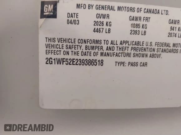 ✅ 2003 Chevrolet Impala • VIN: 2G1WF52E239386518 • Lot: 42895289. Listed on IAAI with 143,975 mi. Free auction sales archive from the USA and detailed vehicle history report at DreamBid. Image 9.