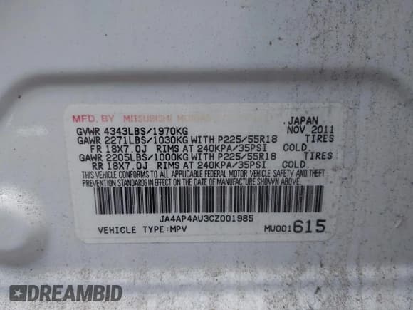 ✅ 2012 Mitsubishi Outlander SE • VIN: JA4AP4AU3CZ001985 • Lot: 43893165. Listed on IAAI with 147,803 mi. Free auction sales archive from the USA and detailed vehicle history report at DreamBid. Image 9.