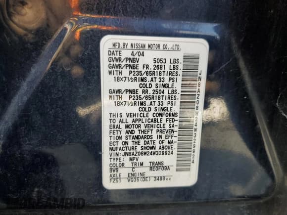 ✅ 2004 Nissan Murano SE • VIN: JN8AZ08W24W329924 • Lot: 59726105. Wystawiony na Copart z przebiegiem 183 400 mil. Bezpłatny archiwum sprzedaży aukcyjnych z USA i szczegółowy raport historii pojazdu na DreamBid. Zdjęcie 13.