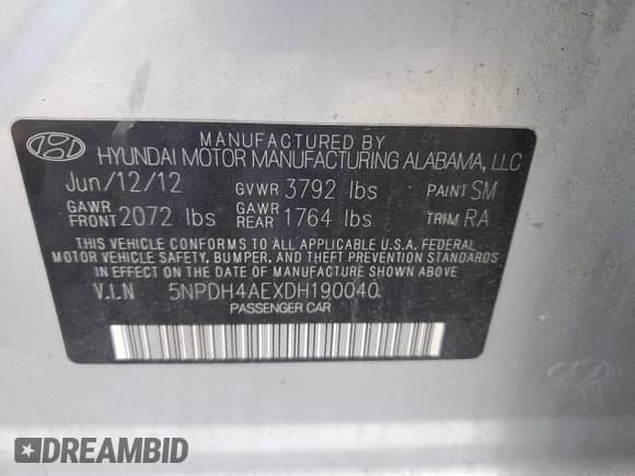 2013 Hyundai Elantra Limited with VIN 5NPDH4AEXDH190040, listed as a Copart auction lot 91018775 with 152,162 mi miles and Clean title. Bid and sale history available at DreamBid. Image 12.