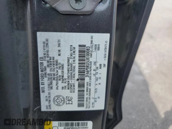 ✅ 2020 Ford Fusion Titanium • VIN: 3FA6P0RU5LR100083 • Lot: 67555835. Listed on Copart with 108,899 mi. Free auction sales archive from the USA and detailed vehicle history report at DreamBid. Image 12.