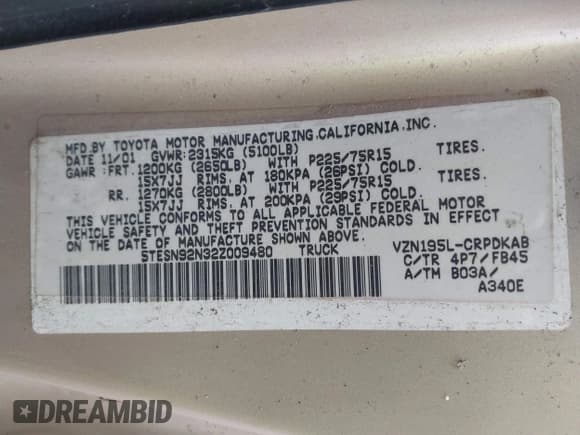 ✅ 2002 Toyota Tacoma PreRunner • VIN: 5TESN92N32Z009480 • Lot: 43749832. Listed on IAAI with 212,775 mi. Free auction sales archive from the USA and detailed vehicle history report at DreamBid. Image 9.