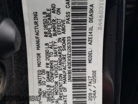 ✅ 2009 Toyota Corolla XRS • VIN: 1NXBE40EX9Z126333 • Lot: 91317775. Listed on Copart with 217,332 mi. Free auction sales archive from the USA and detailed vehicle history report at DreamBid. Image 12.