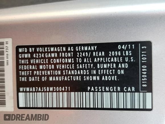 ✅ 2011 Volkswagen Golf • VIN: WVWAB7AJ5BW300471 • Lot: 71295794. Wystawiony na Copart z przebiegiem 194 548 mil. Bezpłatny archiwum sprzedaży aukcyjnych z USA i szczegółowy raport historii pojazdu na DreamBid. Zdjęcie 12.